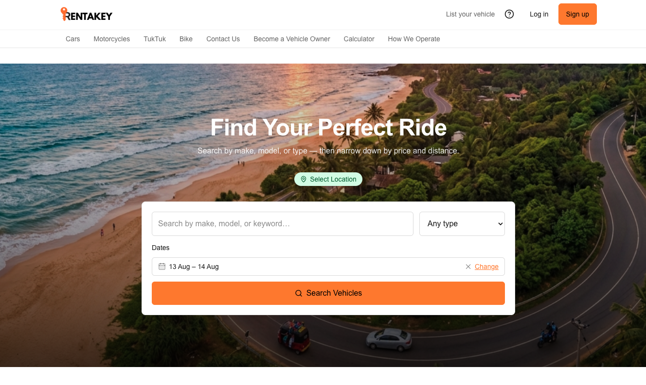 RentaKey search interface showing the vehicle search page