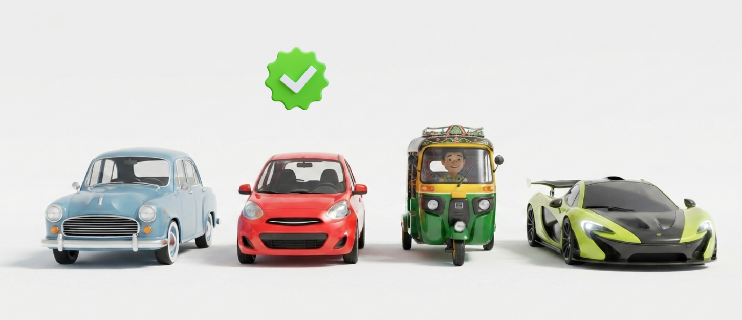 Lineup of vehicles available on RentaKey — car, tuk-tuk, and more
