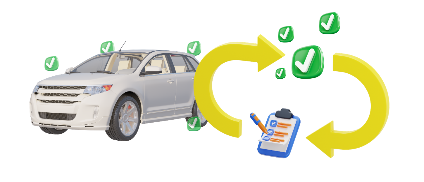 Car with green checkmarks and review clipboard illustration